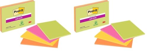 Post-it Super Sticky Large Notes, Packung mit 4 Blöcken, 45 Blatt pro Block, 152 mm x 101 mm, Grün, Gelb, Orange, Pink, Haftnotizen für Notizen, To-Do-Listen und Erinnerungen (Packung mit 2) von Post-it