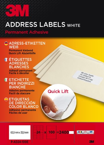 Quick Lift Adress-Etiketten für Inkjet, Laser, Kopierer, 63.5 x 33.9 mm, 2400 Etiketten, weiß Quick Lift Adress-Etiketten für Inkjet, Laser, Kopierer, 63.5 x 33.9 mm, 2400 Etiketten, weiß von 3M