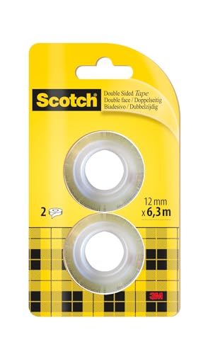 Scotch Doppelseitiges Klebeband - Nachfüllpackung, 2 Rollen, 12 mm x 6,3 m - Klares Doppelseitiges Klebeband, Stark klebend für Scrapbooking, Basteln und Projekte, Fotoverträglich von Scotch