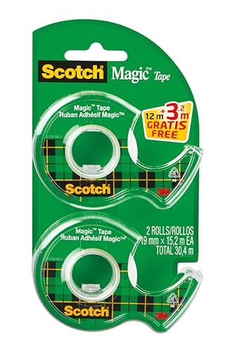 Scotch Magic Tape - 2 Handabroller, 19 mm x 12 m + 3,2 m GRATIS - Unsichtbares Klebeband für allgemeine Zwecke zur Reparatur, Etikettierung und Versiegelung von Dokumenten von Scotch