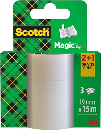 Scotch Magic Tape - 2 Rollen + 1 GRATIS-Rolle, 19 mm x 15 m - Unsichtbares Klebeband für allgemeine Zwecke zur Reparatur, Etikettierung und Versiegelung von Dokumenten von Scotch