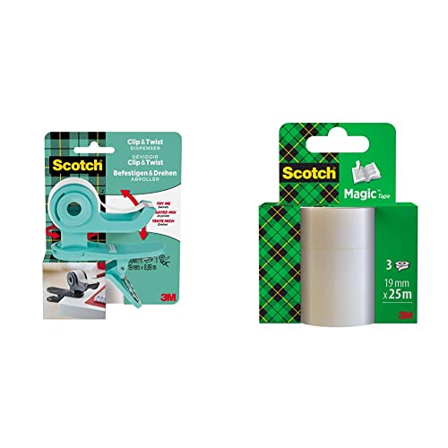 Scotch Clip & Twist Klebeband-Abroller C19, Grau + Scotch Magic Unsichtbares Klebeband & Scotch Magic Klebeband – 3 Rollen 19mm x 25m - Allzweck-Klebeband für die Reparatur, Etikettierung von Scotch