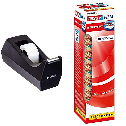 Scotch Klebebandabroller 83980 – Schwarz – Inkl. 1 Rolle Klebefilm & tesafilm transparent - Transparentes Klebeband mit starker Haftung - alterungsbeständig und reißfest - 10 m x 19 mm - 8er Pack von 3M