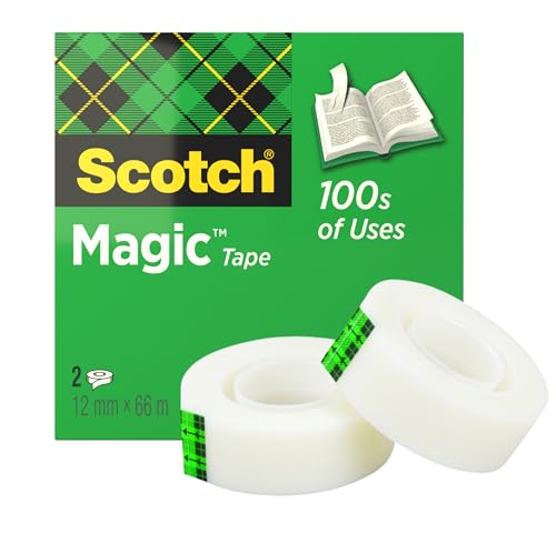 Scotch Magic Tape - 2 Rollen, 12 mm x 66 m - Unsichtbares Klebeband für allgemeine Zwecke zur Reparatur, Etikettierung und Versiegelung von Dokumenten von Scotch