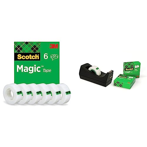Scotch Magic Invisible Tape, 19 mm x 33 m, 6 rolls & Scotch Tischabroller schwarz – Klebebandabroller inkl. 3 Rollen Scotch Magic transparentes Klebeband (19 mm x 33 m) von 3M