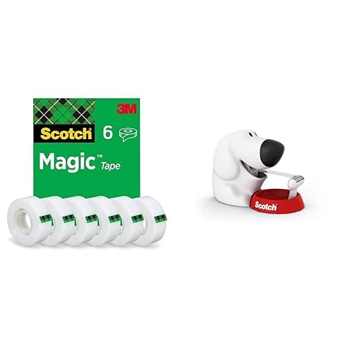 Scotch Magic Invisible Tape, 19 mm x 33 m, 6 rolls & Tischabroller inkl. 1 Rolle Klebeband - Hunde Klebeband Abroller, auch für Kinder, weiß von 3M