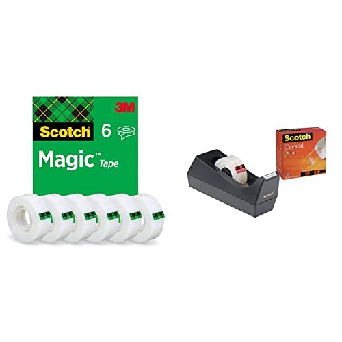 Scotch Magic Invisible Tape, 19 mm x 33 m, 6 rolls & otch C38 Tischabroller schwarz + Scotch Crystal Klebeband, 1 Rolle, 19 mm x 10 m von 3M