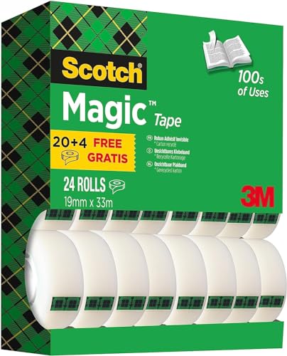 Scotch Magic Tape - Vorteilspack, 24 Rollen, 19 mm x 33 m - Unsichtbares Klebeband für allgemeine Zwecke zur Reparatur, Etikettierung und Versiegelung von Dokumenten von Scotch
