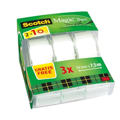 Scotch Magic Tape - 3 Handabroller 19 mm x 7,5 m - Unsichtbares Klebeband für allgemeine Zwecke zur Reparatur, Etikettierung und Versiegelung von Dokumenten von Scotch