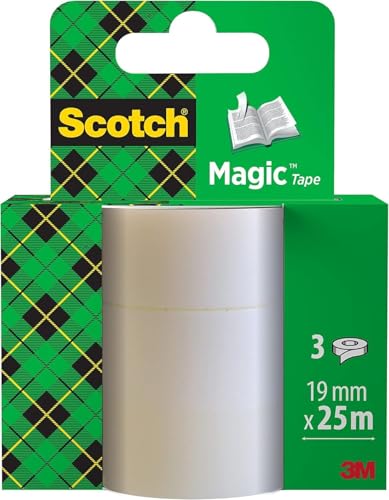 Scotch Magic Tape - 3 Rollen, 19 mm x 25 m - Unsichtbares Klebeband für allgemeine Zwecke zur Reparatur, Etikettierung und Versiegelung von Dokumenten von Scotch