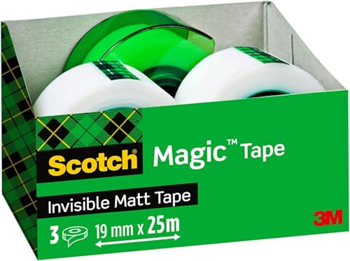 Scotch Magic Unsichtbares Klebeband, 3 Rollen, 19 mm x 25 m + 1 Handabroller GRATIS Grün - Unsichtbares Klebeband für allgemeine Zwecke zur Reparatur, Etikettierung und Versiegelung von Dokumenten von Scotch