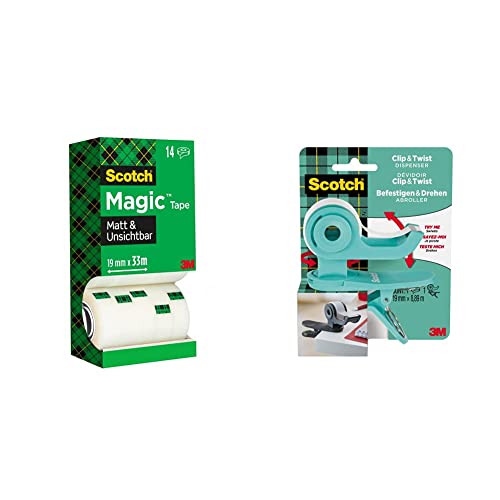 Scotch Magic Klebeband – Vorteilspack 14 Rollen 19mm x 33m & Scotch Clip & Twist Klebeband-Abroller C19, Grau + Scotch Magic Unsichtbares Klebeband, 19mm × 8,89m, 1Rolle/Packung Scotch Magic Klebeband – Vorteilspack 14 Rollen 19mm x 33m & Scotch Clip & Twist Klebeband-Abroller C19, Grau + Scotch Magic Unsichtbares Klebeband, 19mm × 8,89m, 1Rolle/Packung von 3M