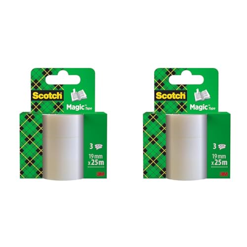 Scotch Magic Tape - 3 Rollen, 19 mm x 25 m - Unsichtbares Klebeband, zum Verpacken von Weihnachtsgeschenken, Beschriften von Weihnachtskarten - ein unverzichtbares Weihnachtszubehö (Packung mit 2) von 3M