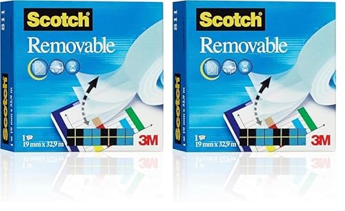 Scotch Removable Klebeband, 1 Rolle matt 19 mm x 32.9 m. - wiederablösbar, unsichtbar, beschriftbar und schattenfrei kopierbar (Packung mit 2) von 3M