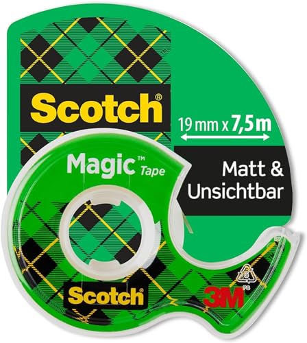 Scotch Magic Tape - 1 Rolle, 19 mm x 7,5 m + Handabroller – Unsichtbares Klebeband für allgemeine Zwecke zur Reparatur, Etikettierung und Versiegelung von Dokumenten von Scotch