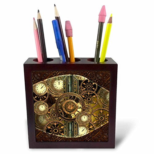 3dRose Ph_256375_1 Steampunk, goldenes Design, Uhren und Zahnräder, Fliesenstifthalter, 12,7 cm von 3dRose