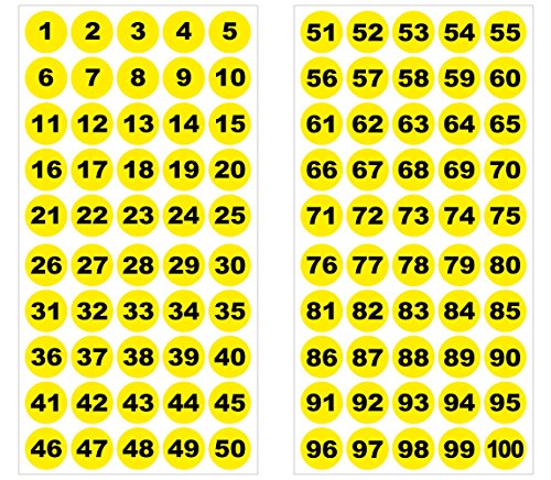 Runde Zahlenaufkleber 1-100, Vinyl - 30mm - schwarze Zahlen auf gelb von 4-prints