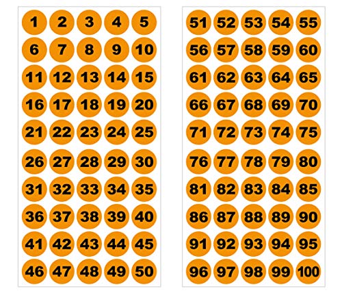 Runde Zahlenaufkleber 1-100, Vinyl - 30mm - schwarze Zahlen auf orange von 4-prints