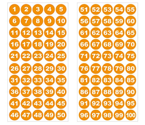 Runde Zahlenaufkleber 1-100, Vinyl - 30mm - weisse Zahlen auf orange von 4-prints