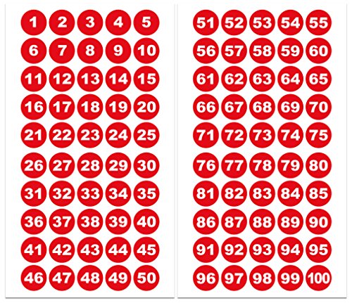 Runde Zahlenaufkleber 1-100, Vinyl - 30mm - weiße Zahlen auf rot von 4-prints