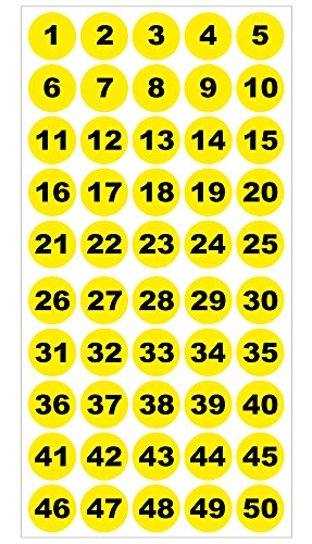 Runde Zahlenaufkleber 1-50, Vinyl - 30mm - schwarze Zahlen auf gelb von 4-prints