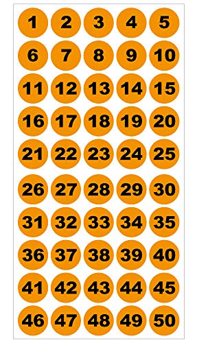 Runde Zahlenaufkleber 1-50, Vinyl - 30mm - schwarze Zahlen auf orange Runde Zahlenaufkleber 1-50, Vinyl - 30mm - schwarze Zahlen auf orange von 4-prints