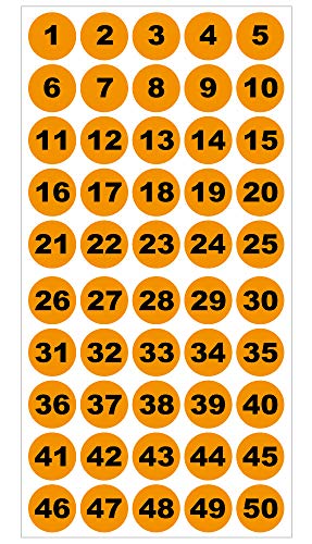 Runde Zahlenaufkleber 1-50, Vinyl - 30mm - schwarze Zahlen auf orange von 4-prints