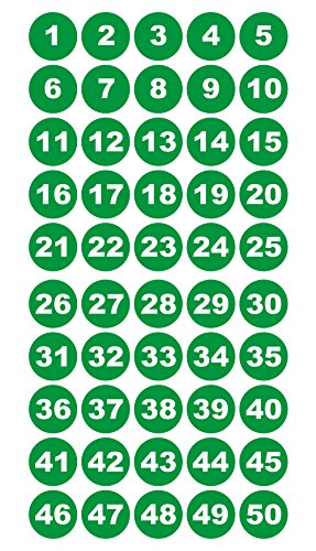 Runde Zahlenaufkleber 1-50, Vinyl - 30mm - weiße Zahlen auf grün von 4-prints