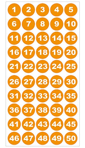 Runde Zahlenaufkleber 1-50, Vinyl - 30mm - weiße Zahlen auf orange von 4-prints