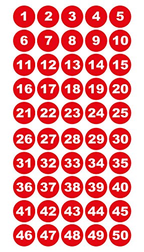 Runde Zahlenaufkleber 1-50, Vinyl - 30mm - weiße Zahlen auf rot von 4-prints