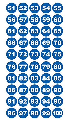 Runde Zahlenaufkleber 51-100, Vinyl - 30mm - weiße Zahlen auf blau von 4-prints