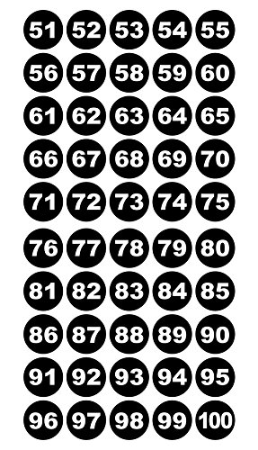 Runde Zahlenaufkleber 51-100, Vinyl - 30mm - weiße Zahlen auf schwarz von 4-prints