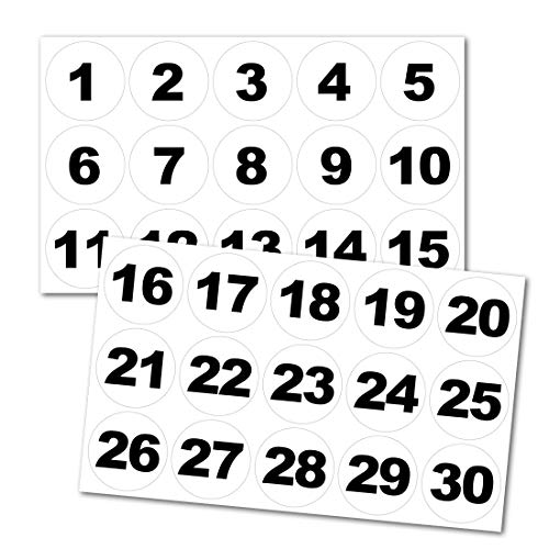 Zahlenaufkleber rund, Nr. 1-30, 25mm, schwarz/weiß von 4-prints