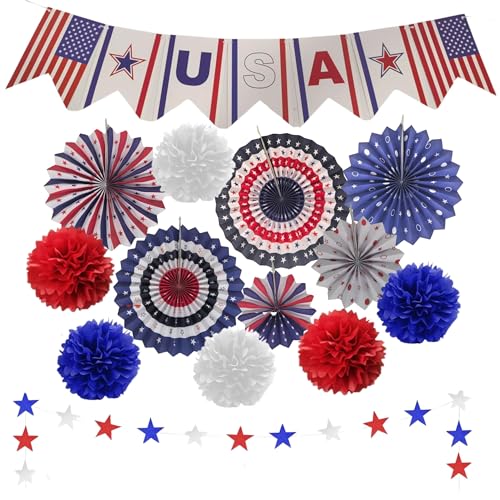 4E's Novelty 24 Stück patriotische Hängedekorationen, 6 Stück hängende patriotische Banner Papierfächer rot weiß blau Dekor mit Sternschlangen, amerikanischer Unabhängigkeitstag Schild mit USA-Flagge 4E's Novelty 24 Stück patriotische Hängedekorationen, 6 Stück hängende patriotische Banner Papierfächer rot weiß blau Dekor mit Sternschlangen, amerikanischer Unabhängigkeitstag Schild mit USA-Flagge von 4E's Novelty