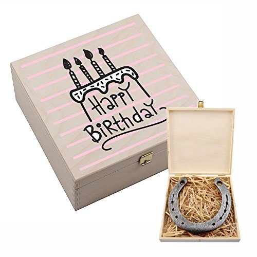 4you Design Echtes Hufeisen in Holz-Geschenkschachtel Happy Birthday mit Torten Motiv – 2 Hufeisennägel zum befestigen – Geschenk für Männer, Frauen, Kinder - Glücksbringer - 17x17x3,5cm von 4youDesign