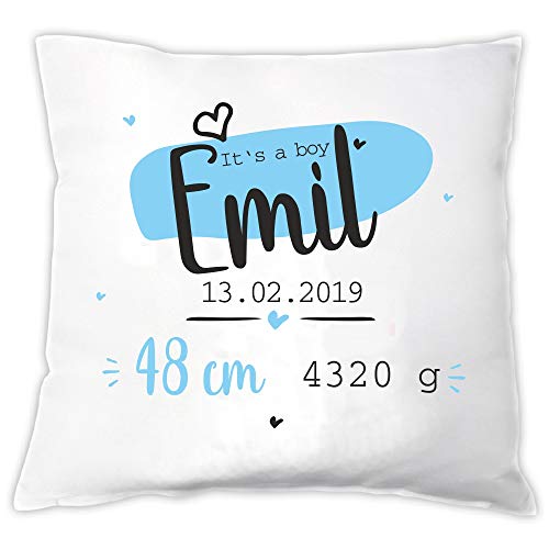 4you Design Kissen -It’s a Boy- personalisiert mit Namen und Geburtsdaten - Kissen & Bezug – Baby Geschenkidee zur Geburt & Taufe (Boy) von 4you Design