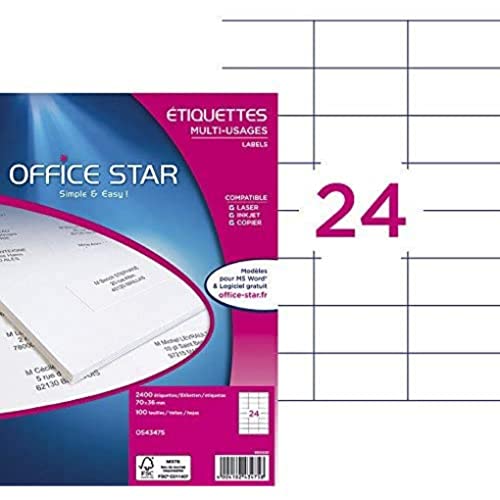 OFFICE STAR Selbstklebende Etiketten für Drucker, A4, Weiß, 2400, 70 x 36 mm, personalisierbar und bedruckbar, FSC-zertifiziert, selbstklebend, A4, selbstklebendes Etikettenpapier OFFICE STAR Selbstklebende Etiketten für Drucker, A4, Weiß, 2400, 70 x 36 mm, personalisierbar und bedruckbar, FSC-zertifiziert, selbstklebend, A4, selbstklebendes Etikettenpapier von Office Star Products