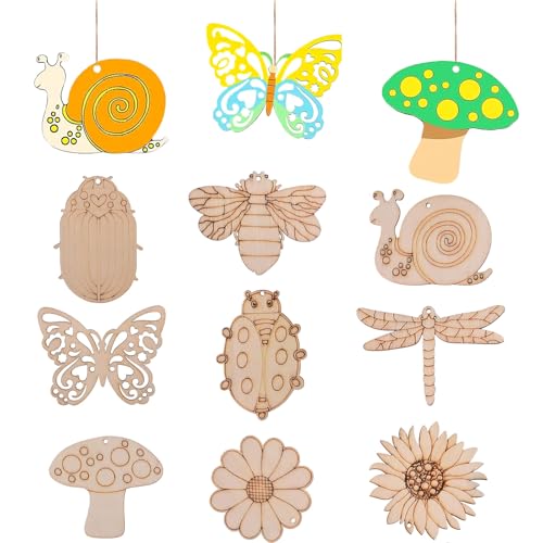 Holz-Federornamente zum Bemalen, 9 Stile, blanko, unlackierte Holzausschnitte, unlackierte Schmetterlinge, Libellen, Schnecke, Pilzform, für Bastelarbeiten, Heimdekoration, zum Aufhängen, 54 Stück von 5ARTH