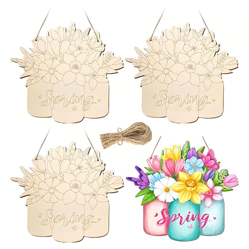Holzfrühlings-Ornamente zum Bemalen, blanko, unlackiert, vorgebohrt, Tulpen, Blumen, bemalbare Holzscheiben, Handwerk für Kinder und Erwachsene, Zuhause, Basteln, Frühling, Hochzeit, Türdekoration, 3 von 5ARTH