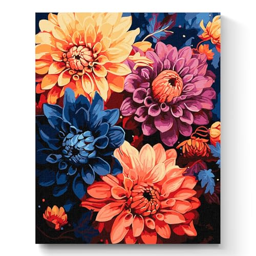 7 Artists Malen nach Zahlen Erwachsene mit Rahmen Colorful Dahlias Set 40x50 cm - Leinwand mit Pinseln, Acrylfarben für Malen Erwachsene von 7 Artists