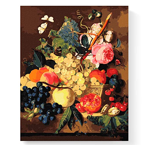 7 Artists Malen nach Zahlen Erwachsene mit Rahmen Jan van Huysum Basket With Fruits Set 40x50 cm - Leinwand mit Pinseln, Acrylfarben für Malen Erwachsene von 7 Artists