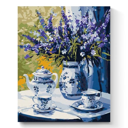 7 Artists Malen nach Zahlen Erwachsene mit Rahmen Lavender Tea Party Set 40x50 cm - Leinwand mit Pinseln, Acrylfarben für Malen Erwachsene von 7 Artists