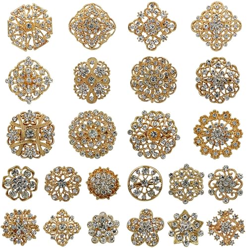 24 Stücke Strass Broschen Kit Kristall Anstecknadeln Broschen Pins Elegant Kranz Brosche Anstecknadel Für Braut Brautjungfer Hochzeit Corsage Kleid Kleidung Brosche Zubehör (c-Gold, 20X15X5CM) von 95sCloud-1