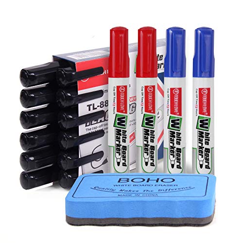 A ANGG Whiteboard-Marker 16 Stück Geruchsarm Dickes Whiteboard Trockenwischmarker und Radiergummi für Schule, Büro und Zuhause Schwarz Blau Rot 3 Farben von A ANGG