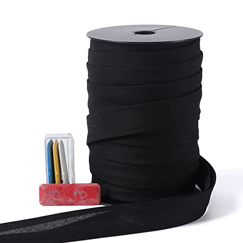 Schrägband, doppelt gefaltet, 2,5 cm, doppelt gefaltetes Schrägband, 55 Yards (schwarz) und 4 Stück Nähstoffkreiden zum Basteln, Nähen, Nähen, Säumen, Paspeln, Quilten. von A ANYSSI