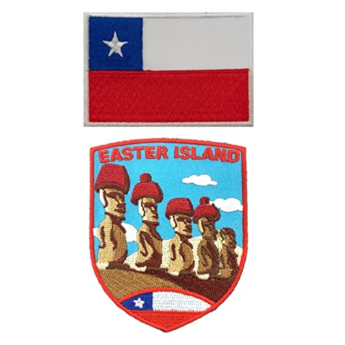 A-ONE 2 PCS Pack- Easter Isand Moai Statue Patch+Chile Flag Badge, Easter Island Souvenir Badge, Travel Souvenir Patch, Luggae Sticker, Iron on Sew on Jeans Jacket Shirts NO.379C von A-ONE