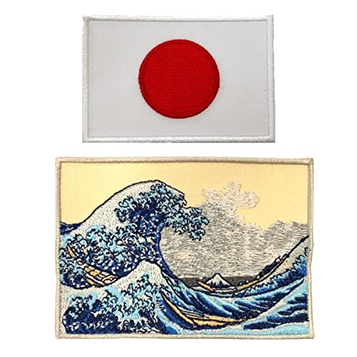 A-ONE 2 Stück – Great Wave Off Kanagawa-Aufnäher + Japan-Flagge, Katsushika Hokusai Patch, Japan Ukiyoe Embridered Patch, DIY-Zubehör, zum Aufnähen oder Aufbügeln, Jacken, Hüte Nr. 363C von A-ONE