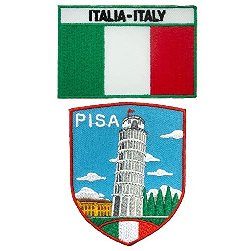 A-ONE 2 Stück – Schiefer Turm von Pisa Wahrzeichen Schild Applikation + Italien Flagge Aufnäher Toscana Torre di Pisa Stickerei Italien Architektur Abzeichen Nr. 225C von A-ONE