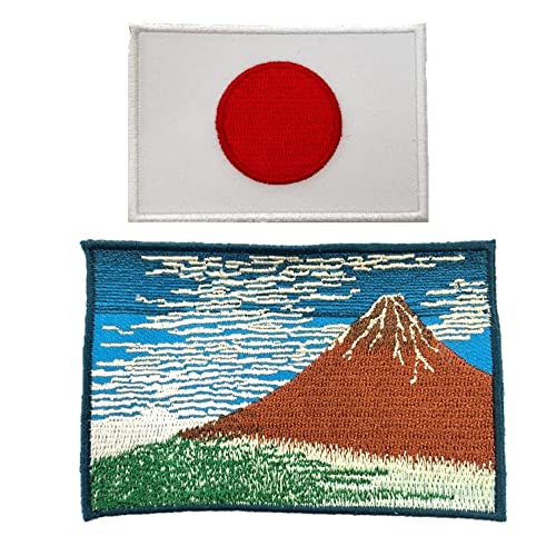 A-ONE 2 Stück – feines windklares Morgen-Emblem + japanische Flagge, Gaifu Kaisei Japan Ukiyoe bestickte Aufnäher, Katsushika Hokusai Stickerei, zum Aufnähen auf Jeans, Jacken, Mützen Nr. 367C von A-ONE