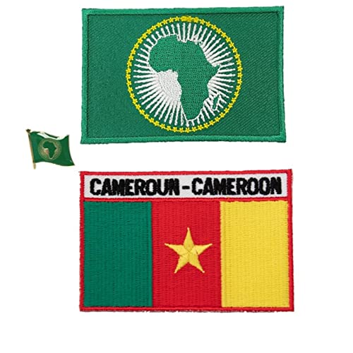A-ONE 3 Stück Pack - Kamerun und Afrikanische Union Patch + Afrikanische Union Anstecknadel, afrikanische Merkmale, patriotische Abzeichen, Rucksackaufnäher, Vintage-Aufnäher, zum Aufbügeln Nr. 008 + 404A von A-ONE